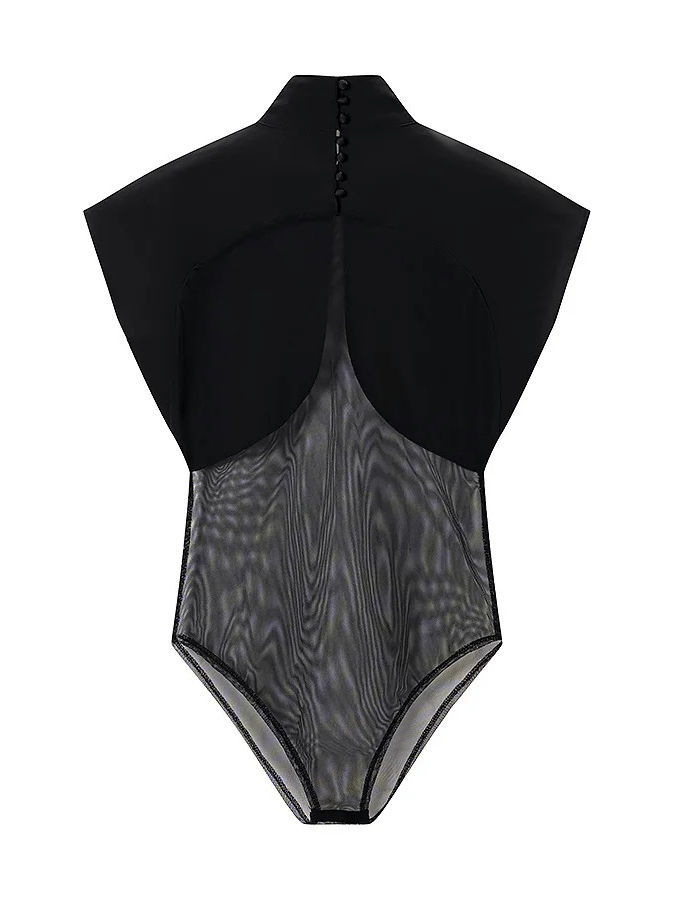 TWOTWINSTYLE Stand Collar Sleeveles Patchwork Mesh Sexy Jumpsuit