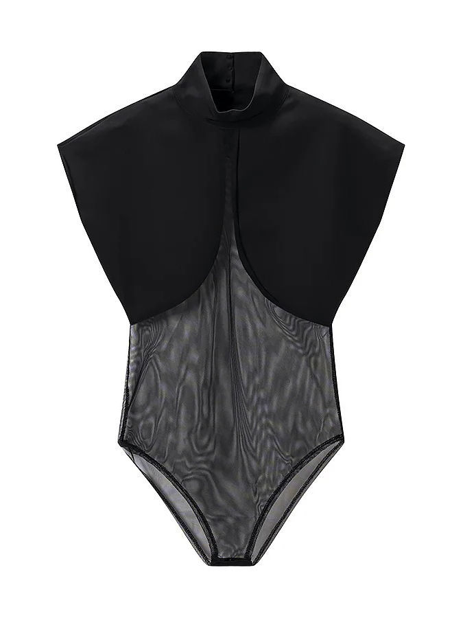 TWOTWINSTYLE Stand Collar Sleeveles Patchwork Mesh Sexy Jumpsuit