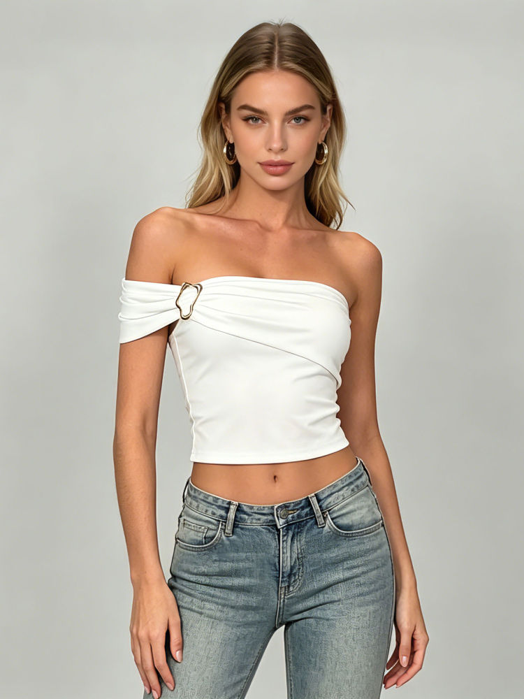 TWOTWINSTYLE Off Shoulder Spliced Decoration Chic Crop Top