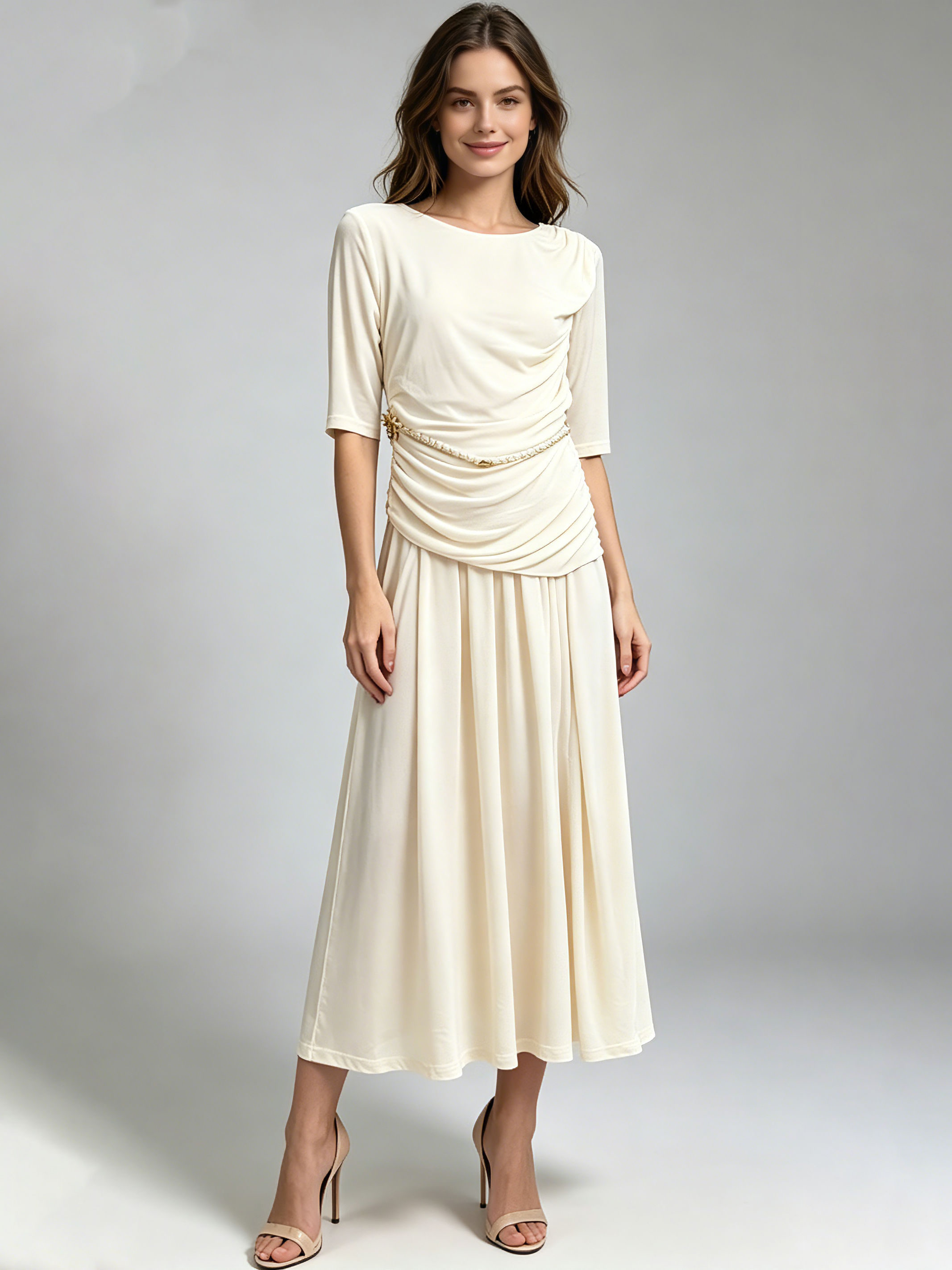 TWOTWINSTYLE Round Neck Half Sleeve Patchwork Belt Fashion Dress