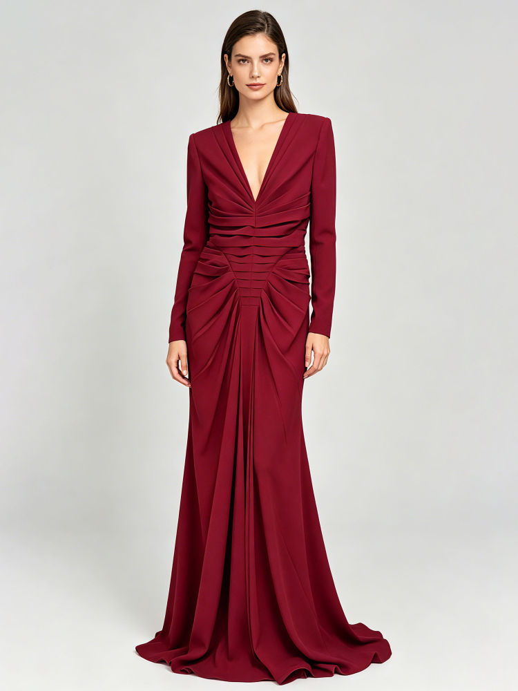 TWOTWINSTYLE Solid Deep V Neck Ruched Designer Dress