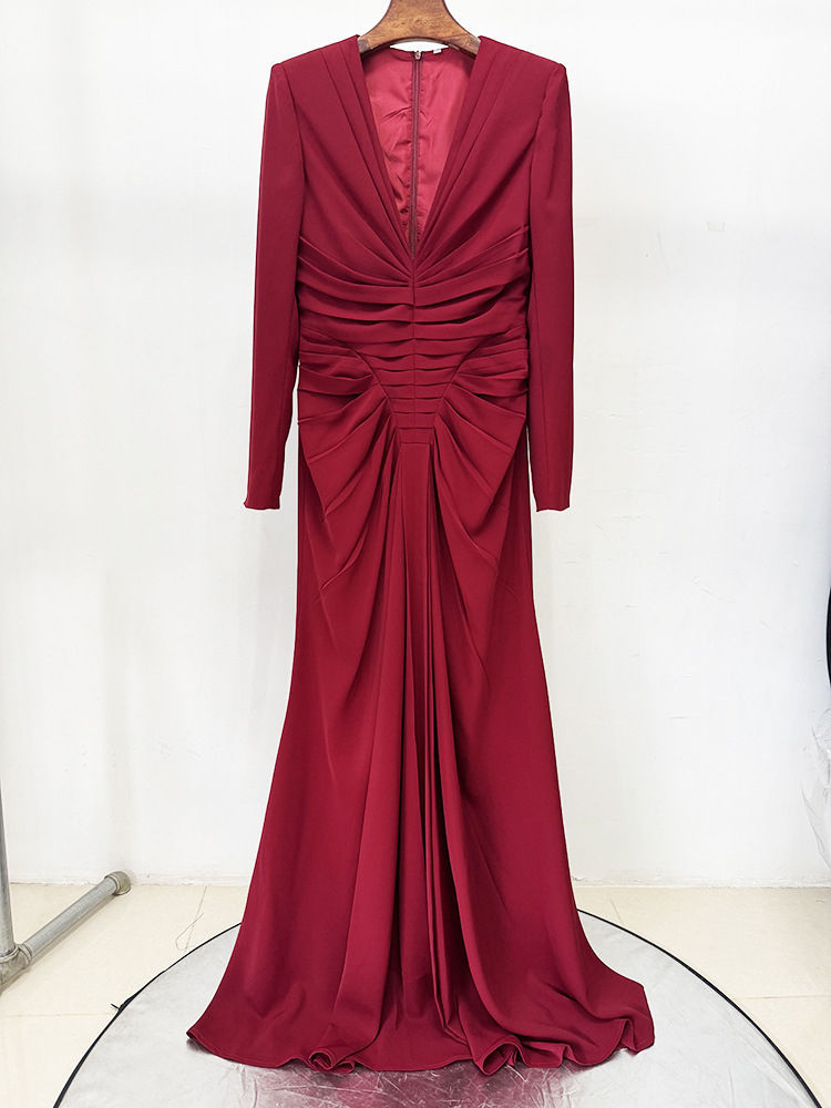 TWOTWINSTYLE Solid Deep V Neck Ruched Designer Dress