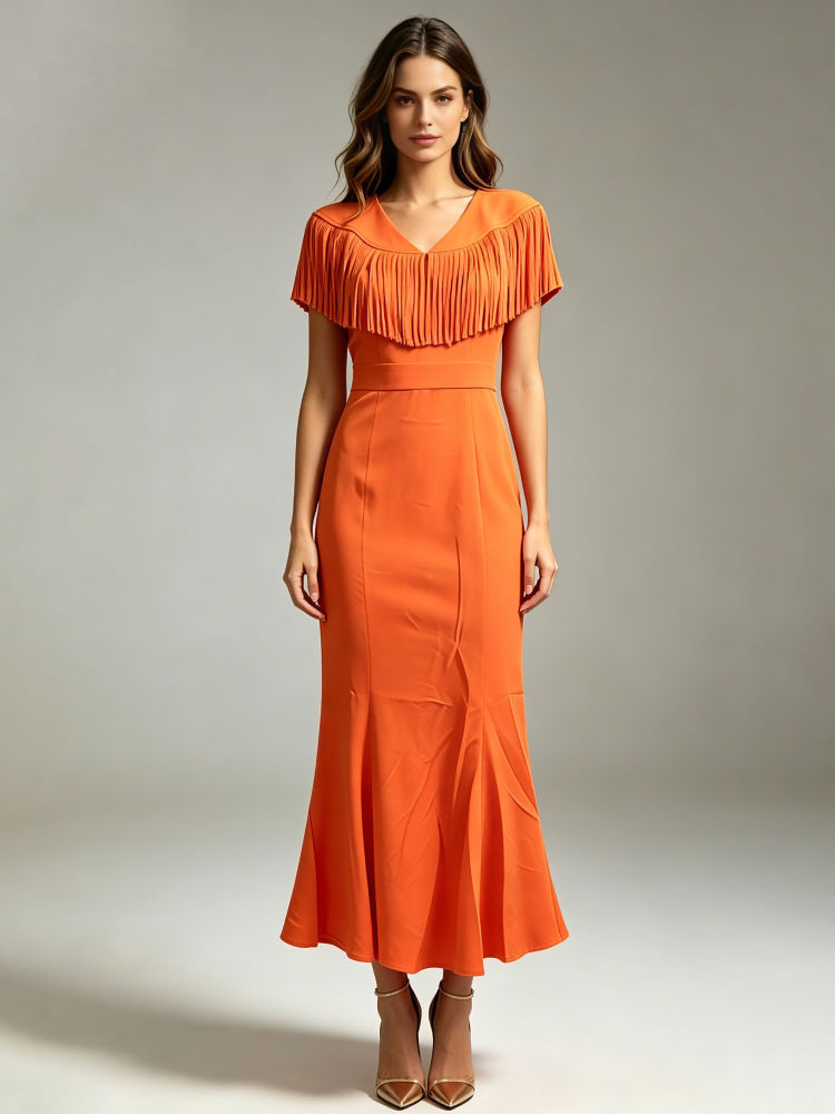 TWOTWINSTYLE Solid V Neck Short Sleeve Spliced Tassel Tunic Elegant Dress