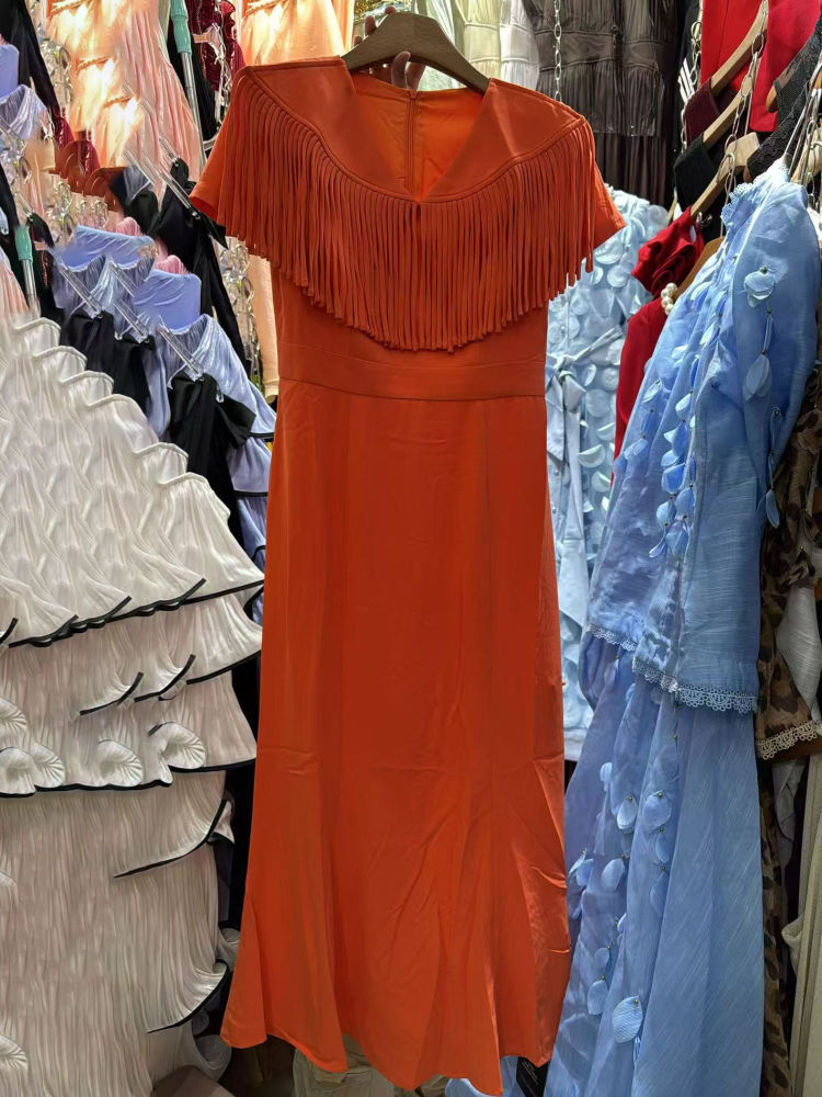 TWOTWINSTYLE Solid V Neck Short Sleeve Spliced Tassel Tunic Elegant Dress