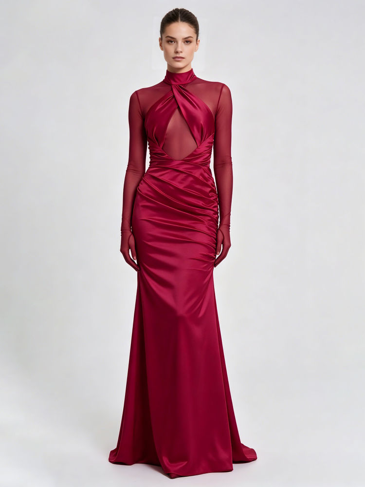 TWOTWINSTYLE Stand Collar Patchwork Mesh Irregular Hem Elegant Dress
