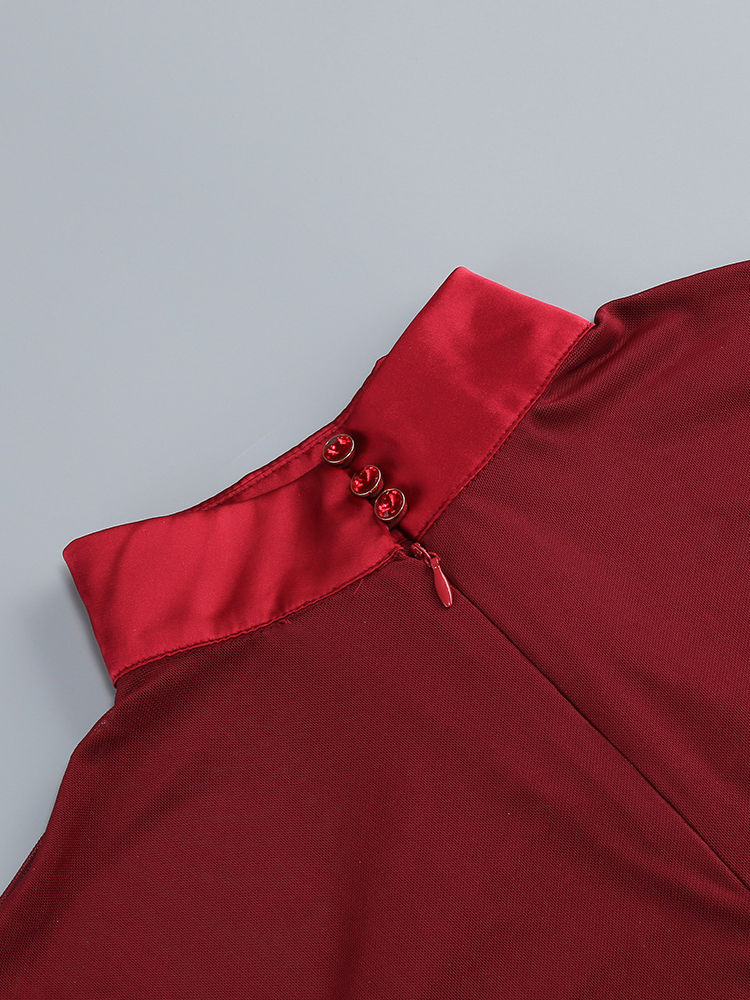TWOTWINSTYLE Stand Collar Patchwork Mesh Irregular Hem Elegant Dress