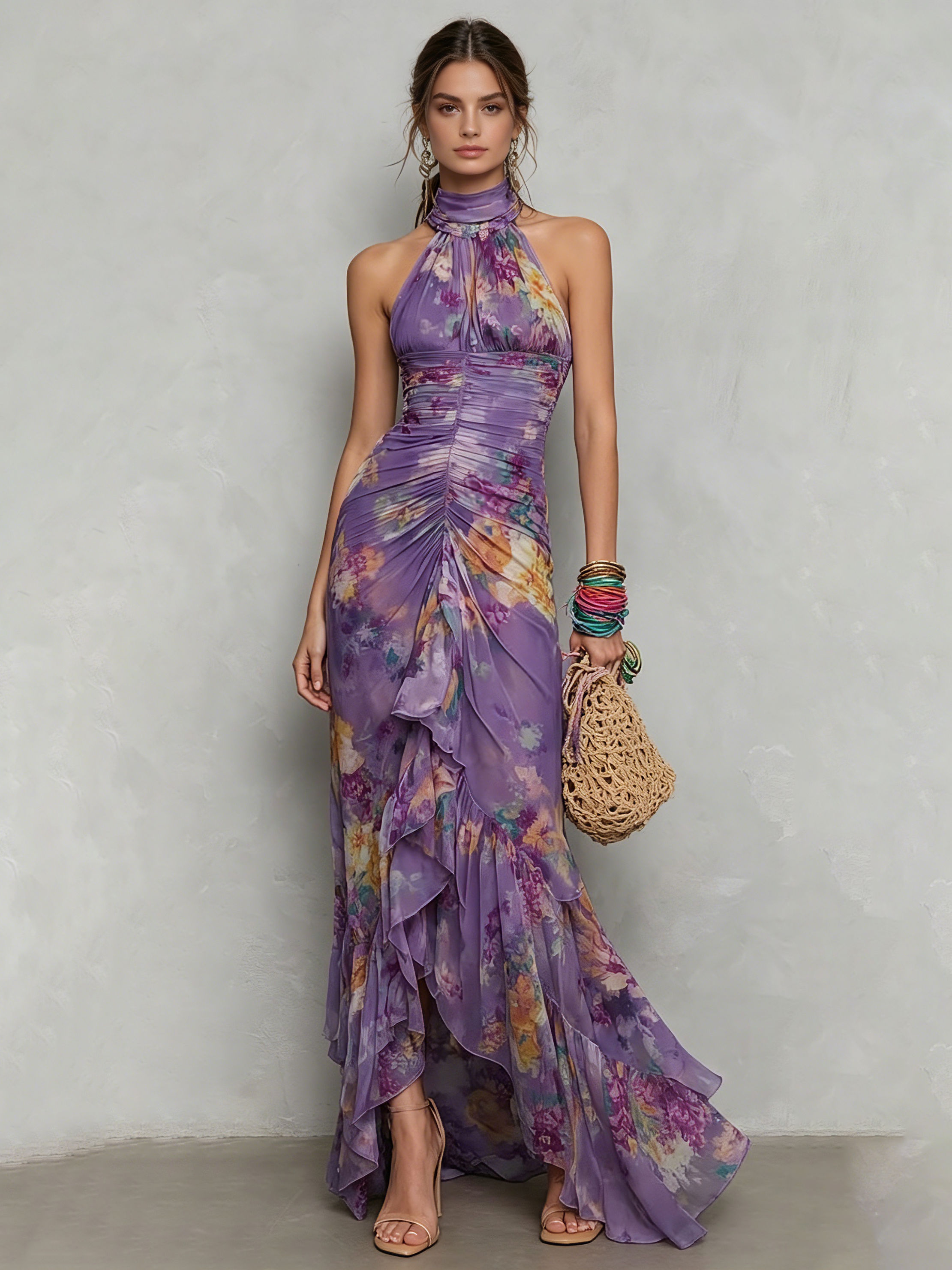 TWOTWINSTYLE Stand Collar Pleated Irregular Hem Print Elegant Dress