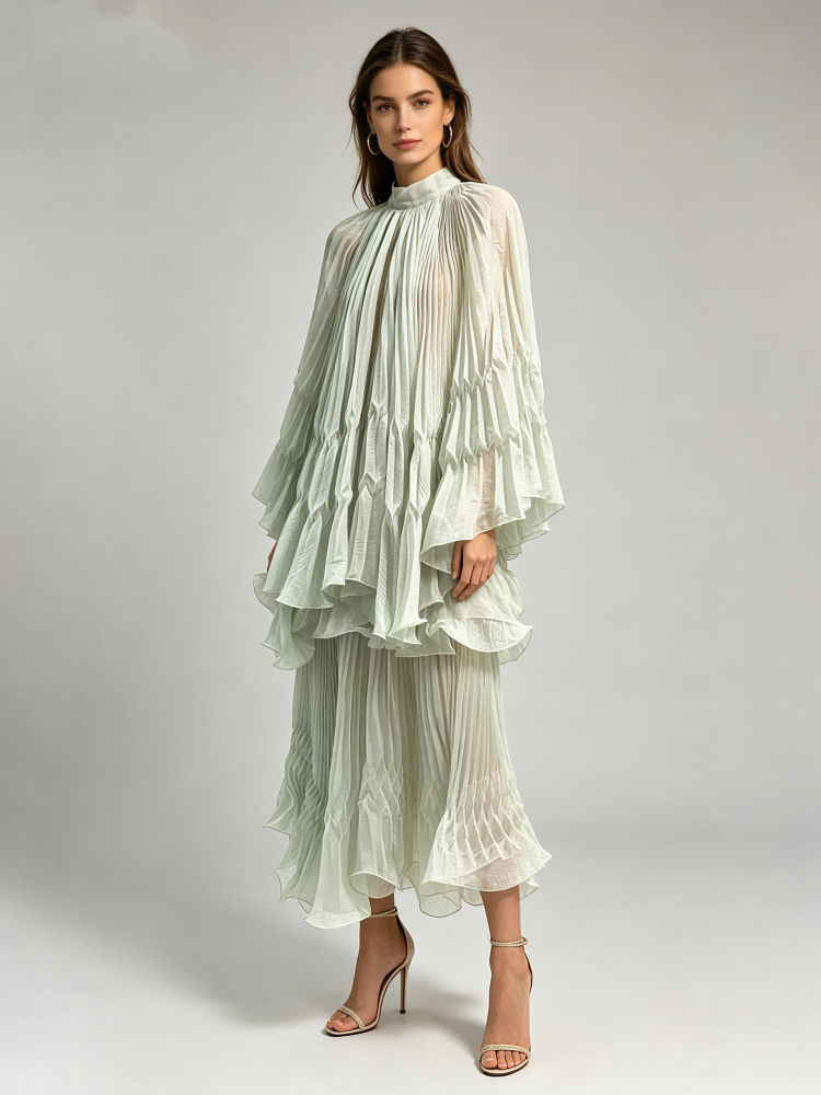 TWOTWINSTYLE Stand Collar Pleated Top High Waist Skirt Fashion Set