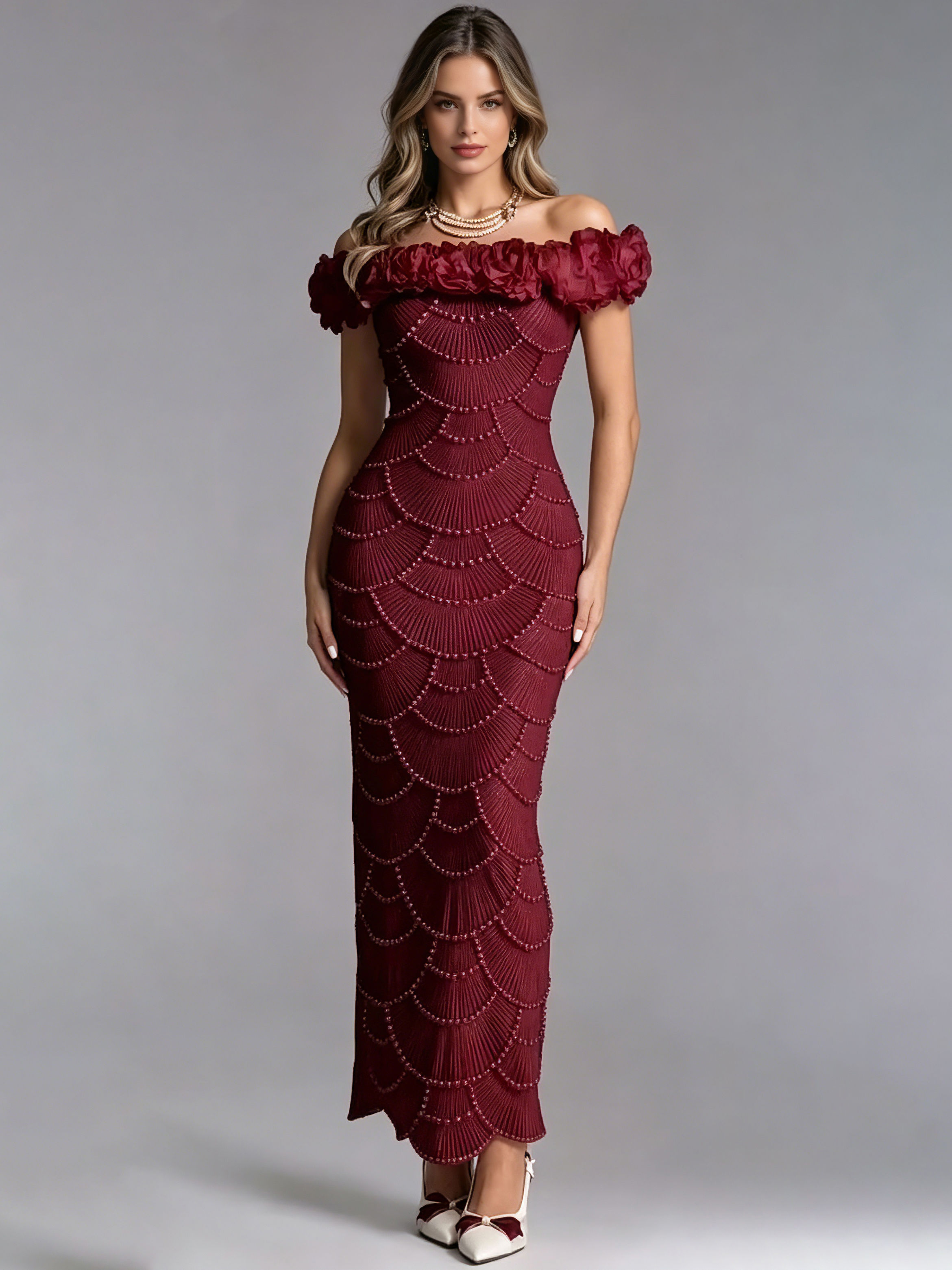 TWOTWINSTYLE Off Shoulder Spliced Pearl Flower Chic Dress