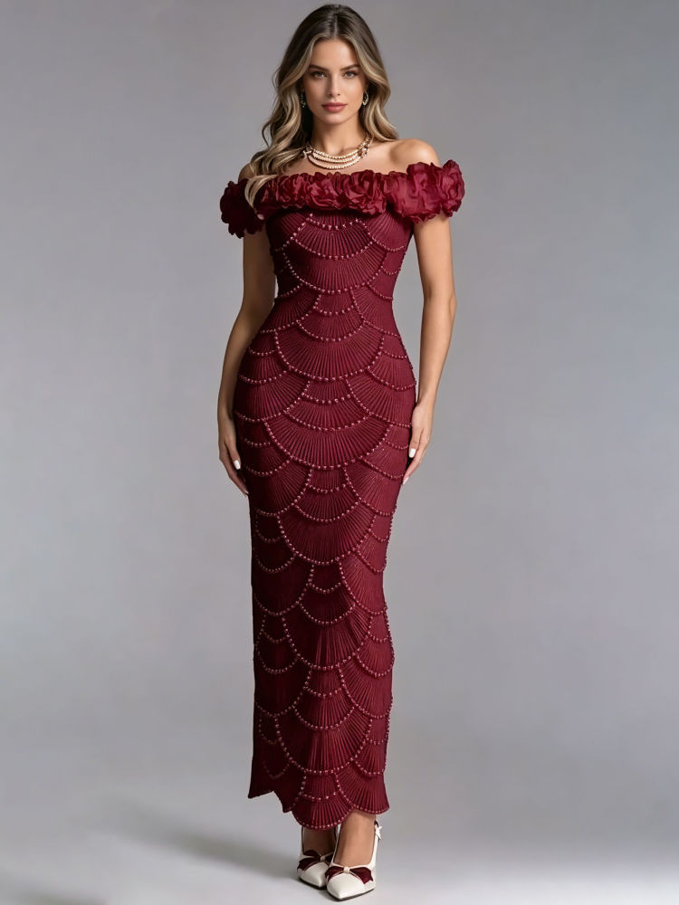 TWOTWINSTYLE Off Shoulder Spliced Pearl Flower Chic Dress