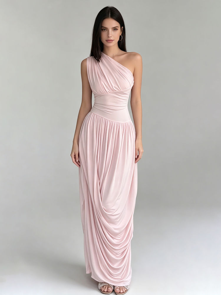 TWOTWINSTYLE Solid Off One Shoulder Pleated Elegant Dress