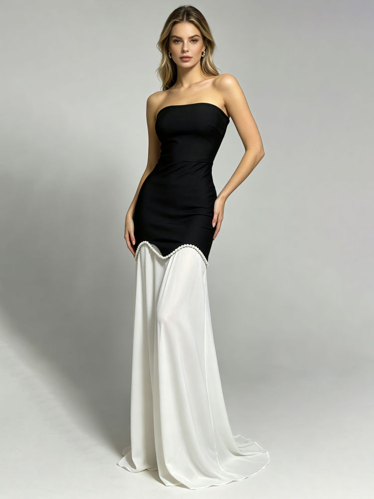 TWOTWINSTYLE Off Shoulder Hit Color Spliced Pearl Elegant Dress