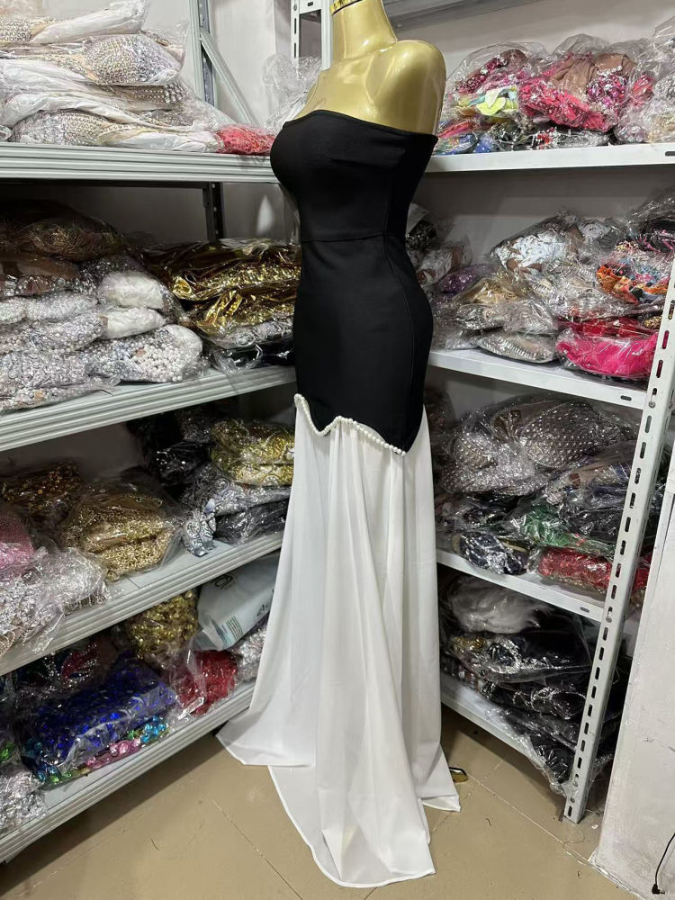 TWOTWINSTYLE Off Shoulder Hit Color Spliced Pearl Elegant Dress