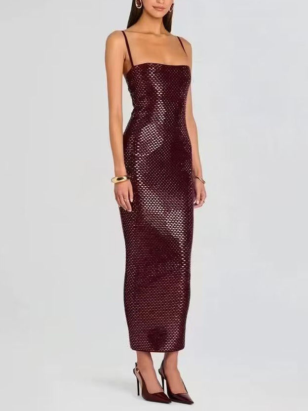 TWOTWINSTYLE Solid Patchwork Diamond High Waist Vintage Dress