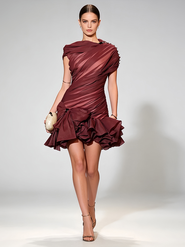 TWOTWINSTYLE Asymmetrical Pleated Spliced Mesh Bowknot Fashion Mini Dress