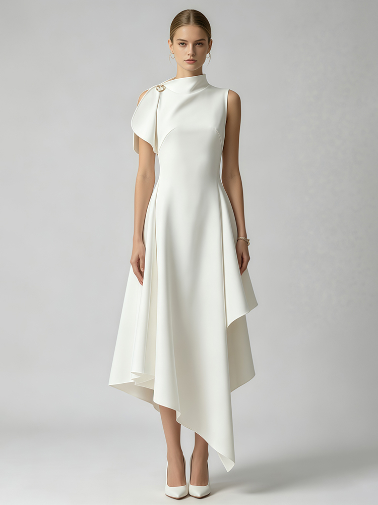TWOTWINSTYLE High Neck Asymmetrical Spliced Metal Buckle Chic Dress