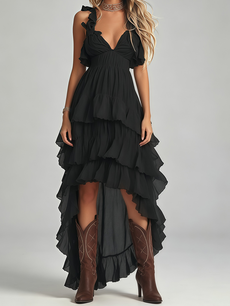 TWOTWINSTYLE Solid Backless Tunic Ruffles Irregular Western Maxi Dress