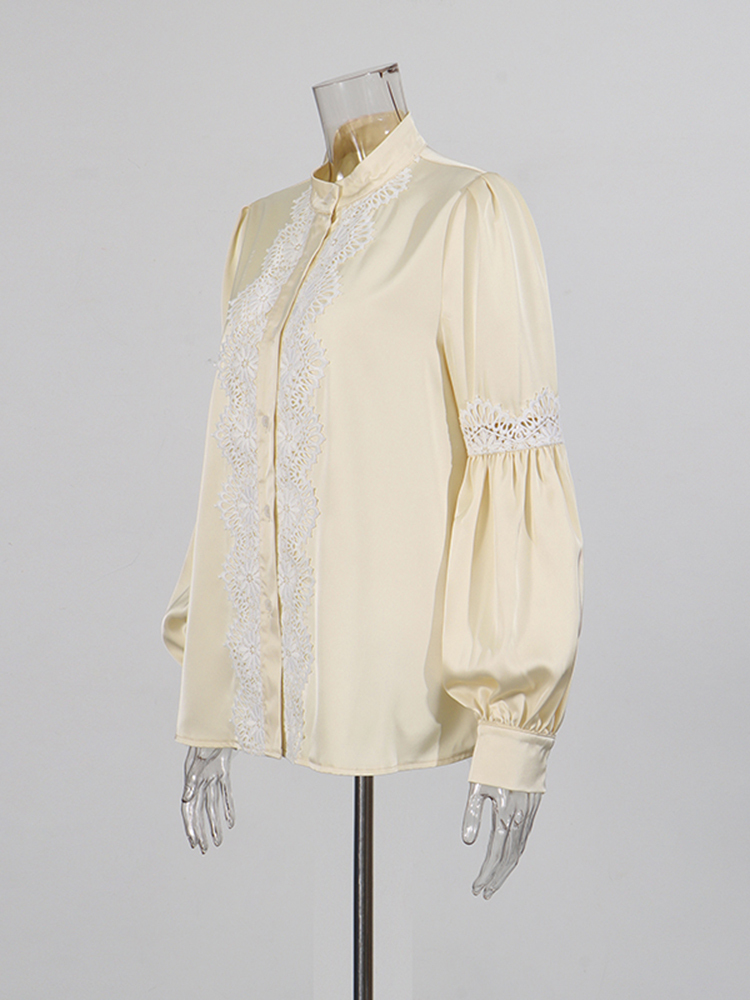 TWOTWINSTYLE Stand Collar Long Sleeve Patchwork Lace Designer Shirt