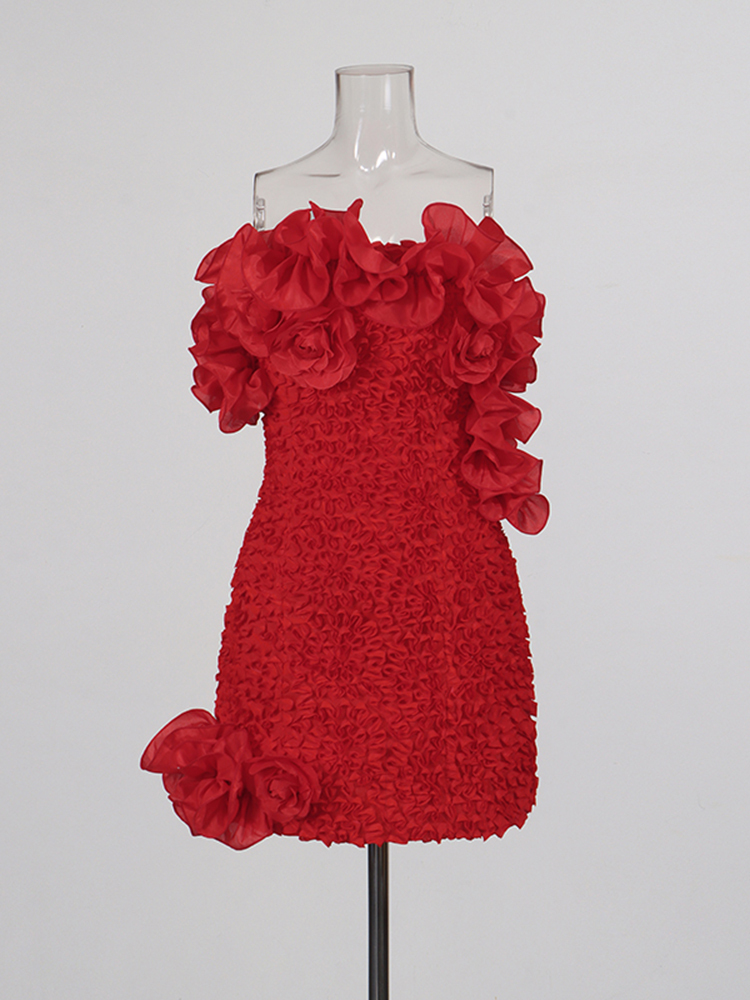 TWOTWINSTYLE Patchwork 3D Flower High Waist Chic Mini Dress