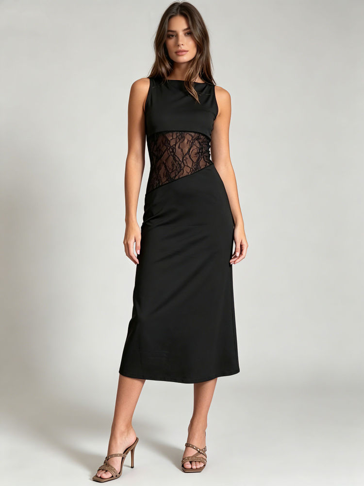 TWOTWINSTYLE Sleeveles Spliced Lace Side Split Vintage Dress