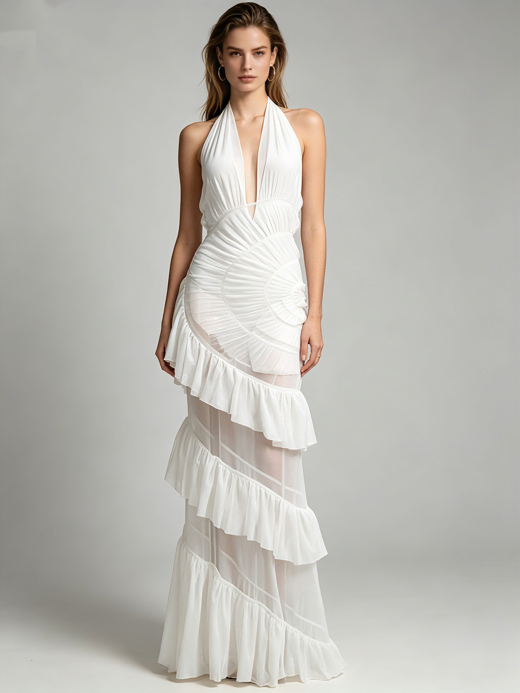TWOTWINSTYLE Solid Deep V Neck Spliced Ruffles Mesh Elegant Dress