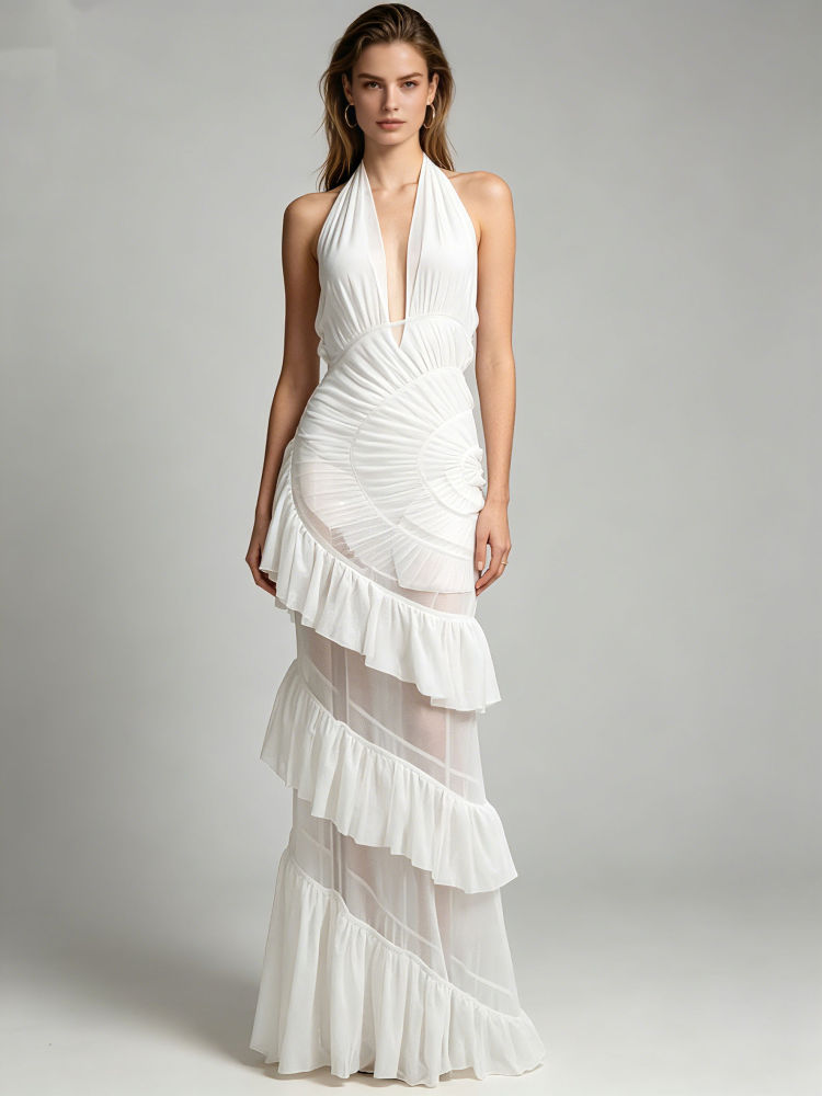 TWOTWINSTYLE Solid Deep V Neck Spliced Ruffles Mesh Elegant Dress