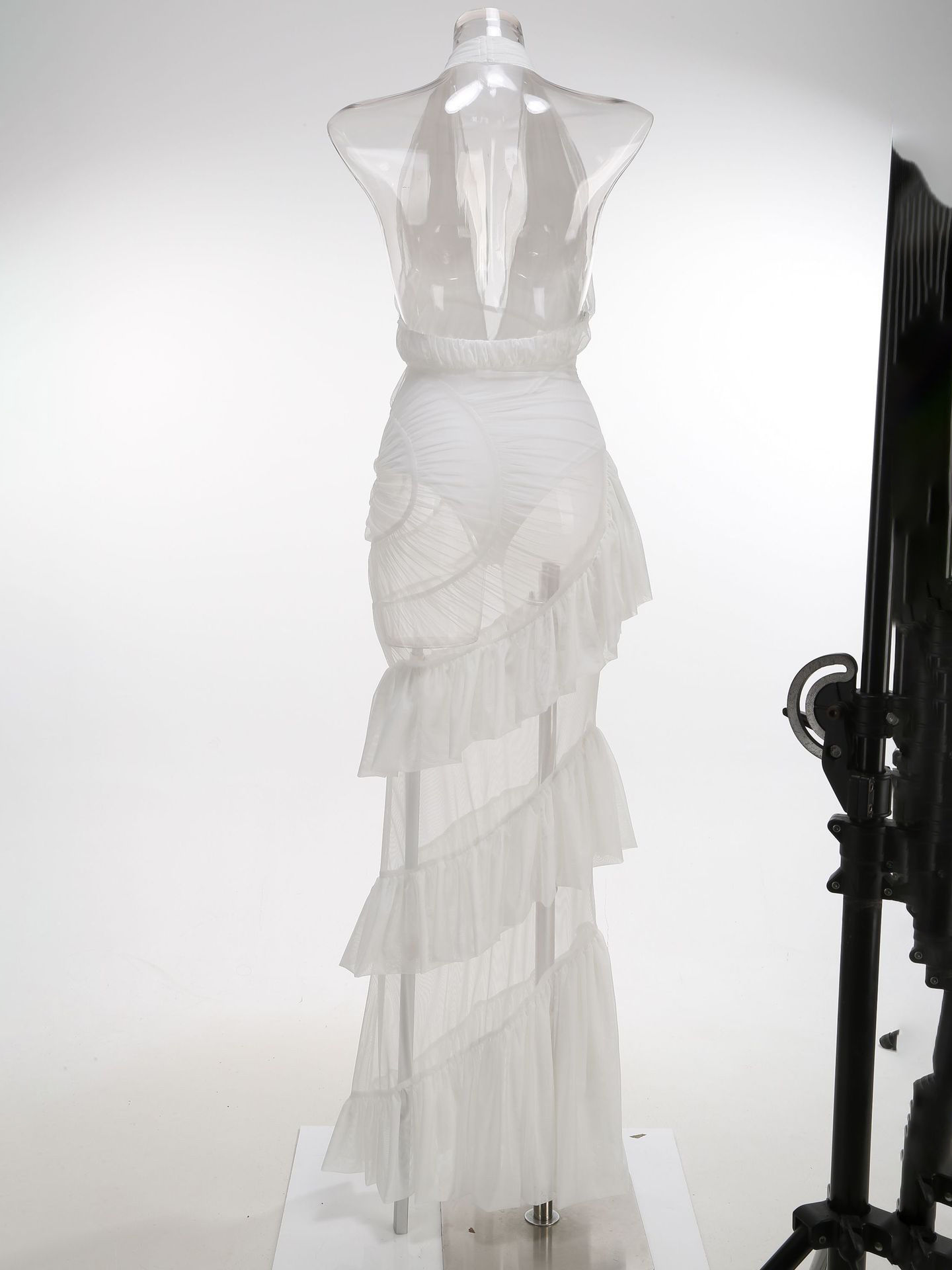 TWOTWINSTYLE Solid Deep V Neck Spliced Ruffles Mesh Elegant Dress