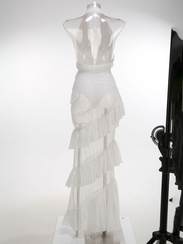 TWOTWINSTYLE Solid Deep V Neck Spliced Ruffles Mesh Elegant Dress