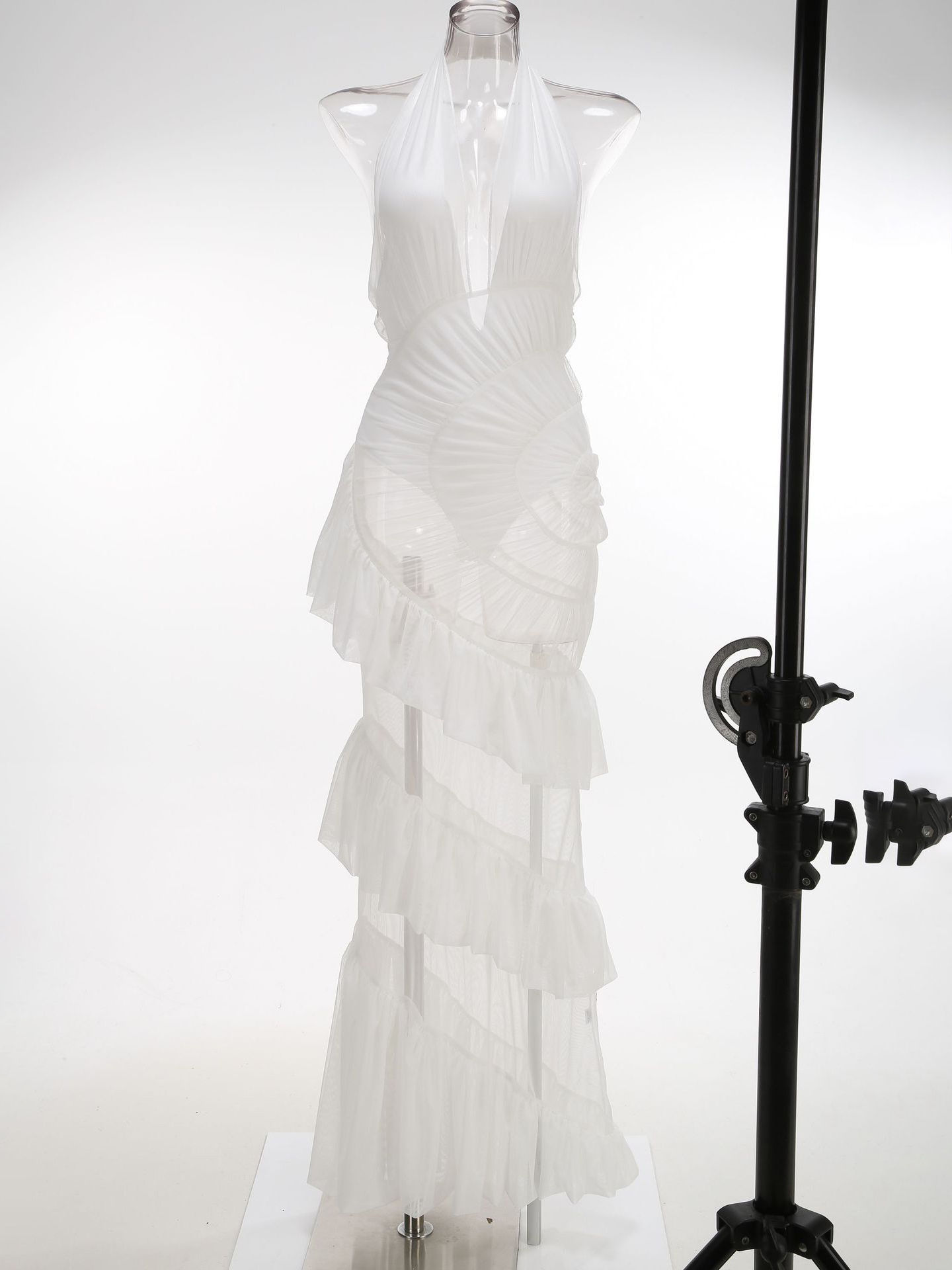 TWOTWINSTYLE Solid Deep V Neck Spliced Ruffles Mesh Elegant Dress