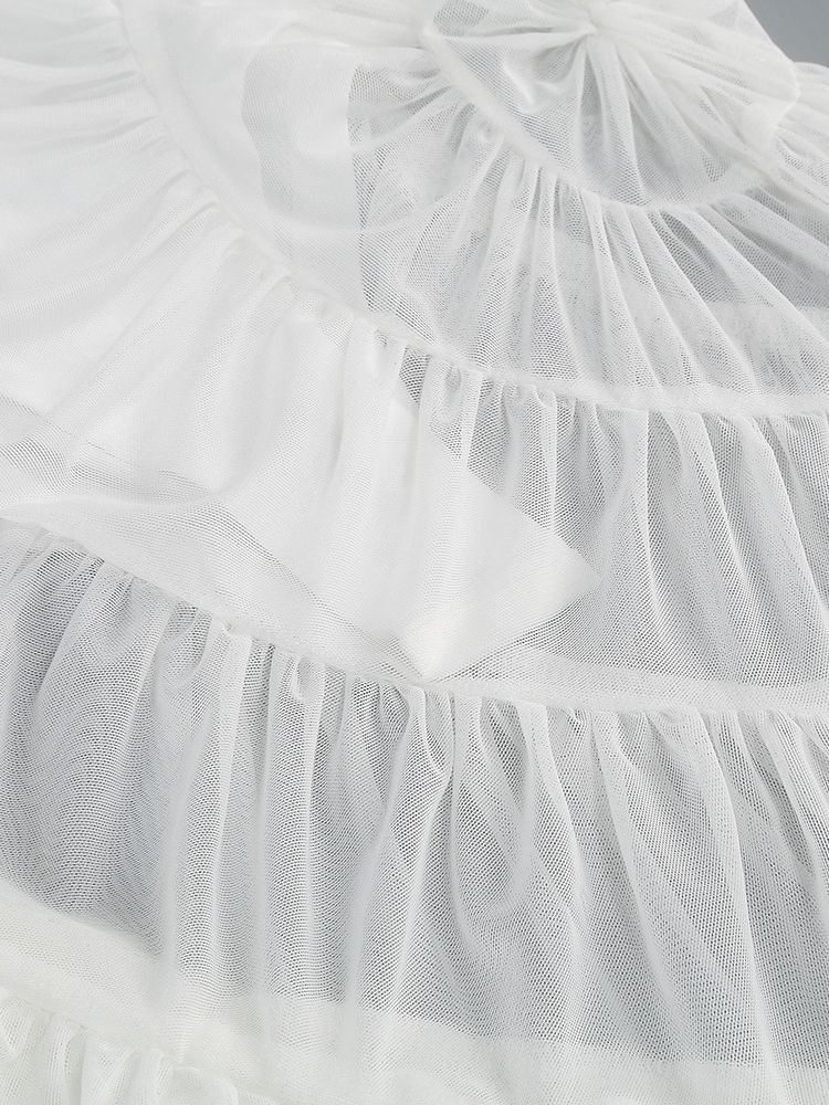 TWOTWINSTYLE Solid Deep V Neck Spliced Ruffles Mesh Elegant Dress