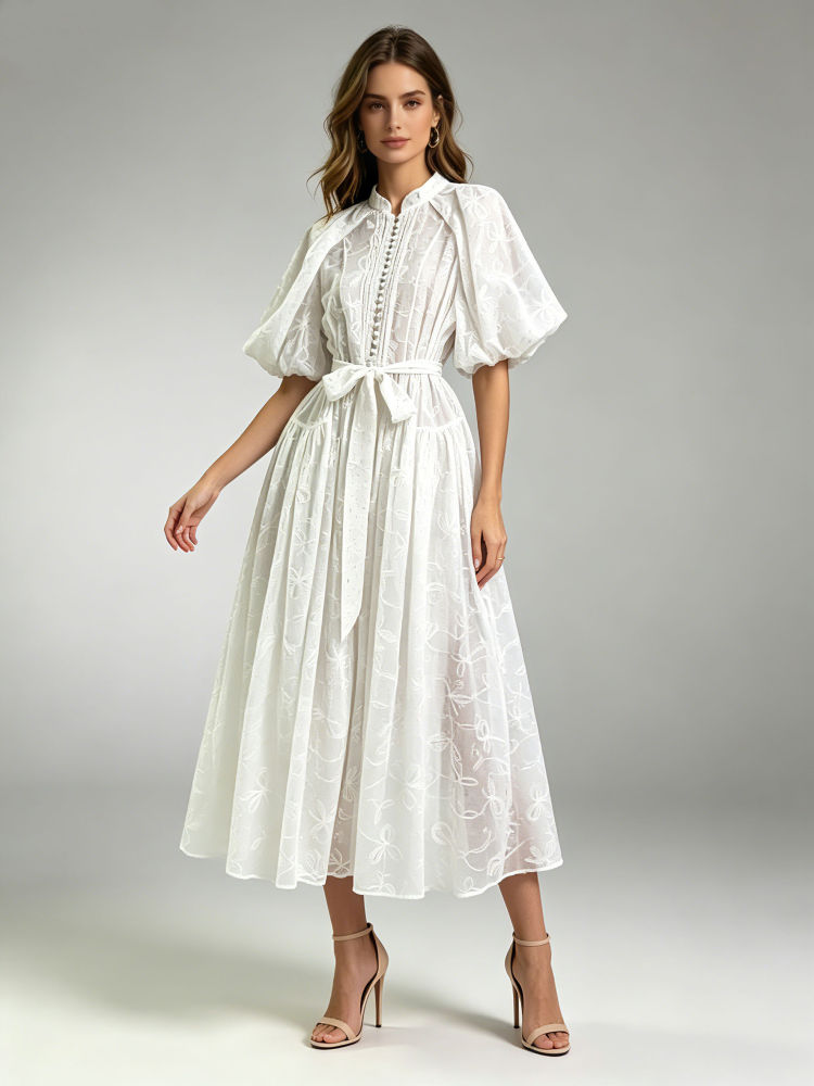 TWOTWINSTYLE Stand Collar Patchwork Lace Up Elegant Dress