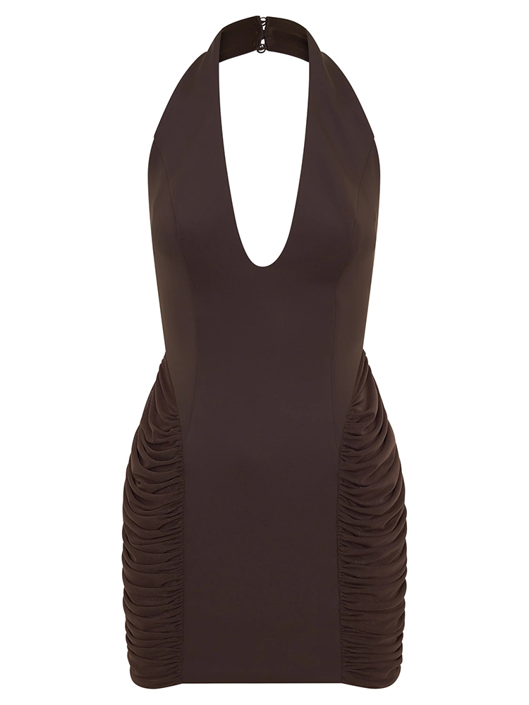 TWOTWINSTYLE Halter Solid Tunic Patchwork Hollow Sexy Mini Dress