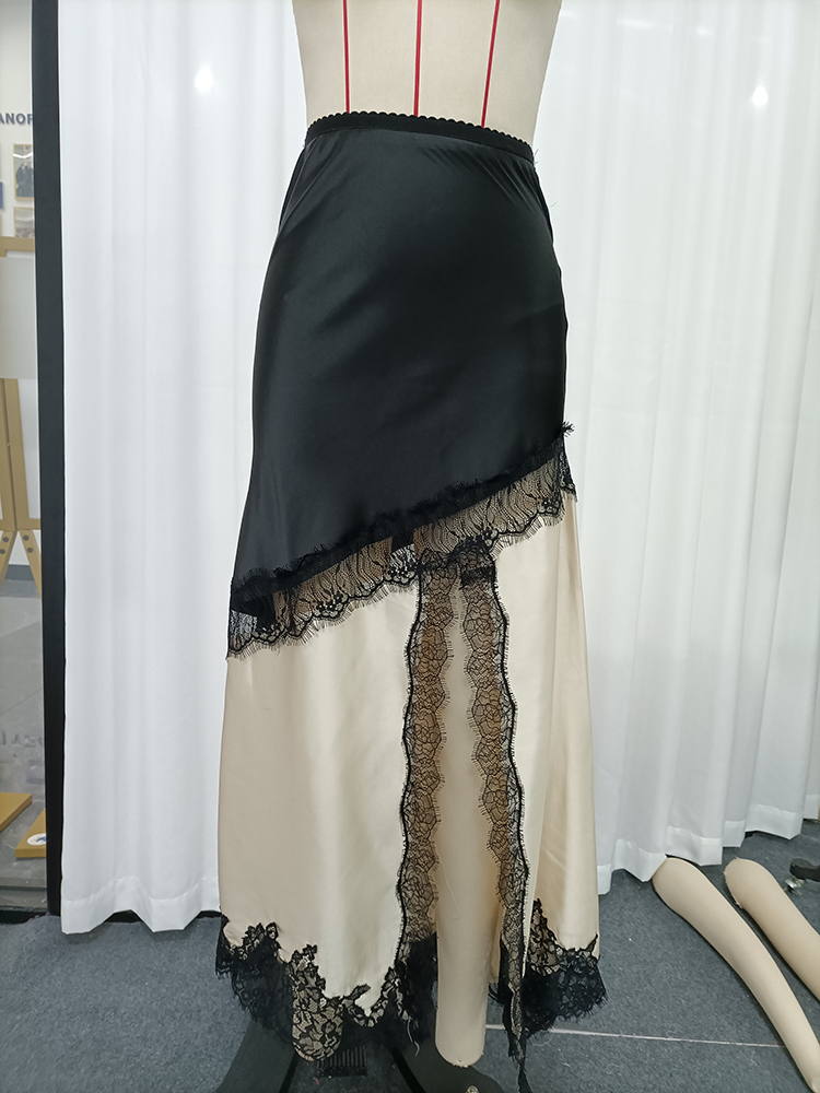 TWOTWINSTYLE High Waist Two-Tone Satin Lace Trim Vintage Skirt