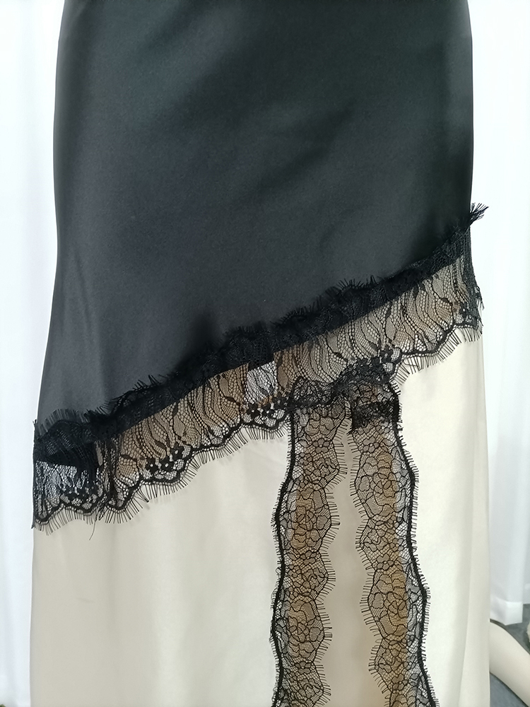 TWOTWINSTYLE High Waist Two-Tone Satin Lace Trim Vintage Skirt