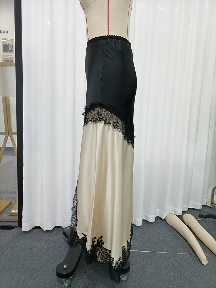 TWOTWINSTYLE High Waist Two-Tone Satin Lace Trim Vintage Skirt