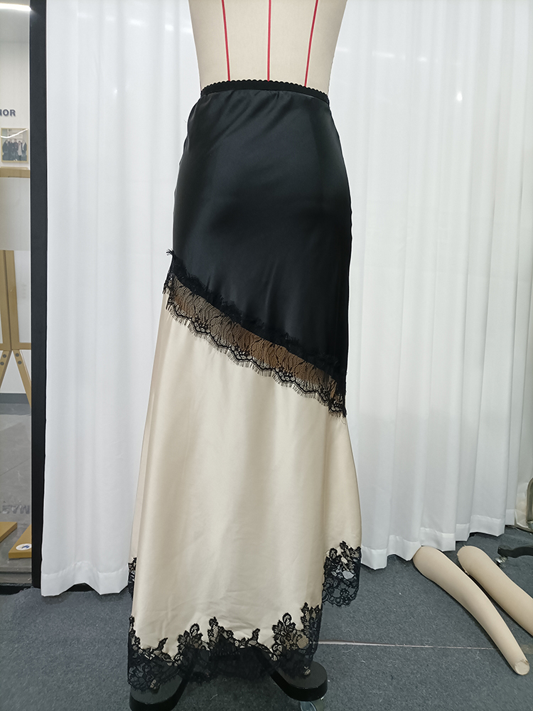 TWOTWINSTYLE High Waist Two-Tone Satin Lace Trim Vintage Skirt