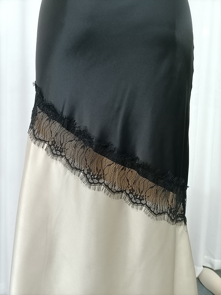 TWOTWINSTYLE High Waist Two-Tone Satin Lace Trim Vintage Skirt