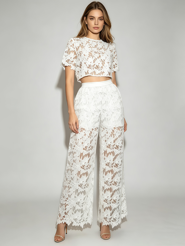 TWOTWINSTYLE Round Neck Short Sleeves Top Lace Wide Leg Pants Fashion Set