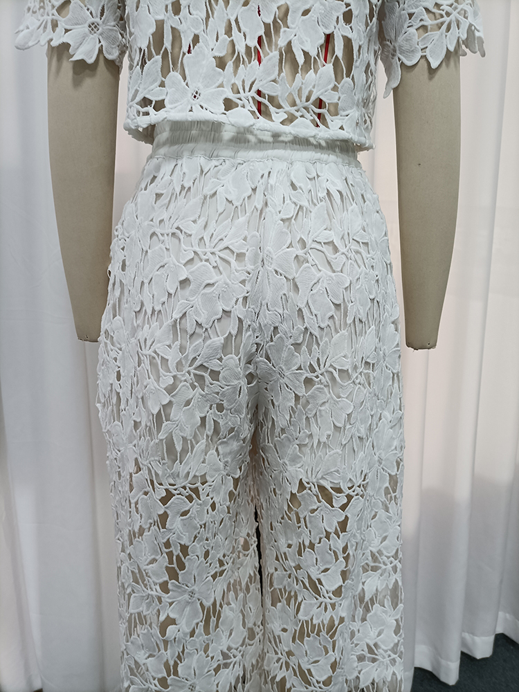 TWOTWINSTYLE Round Neck Short Sleeves Top Lace Wide Leg Pants Fashion Set