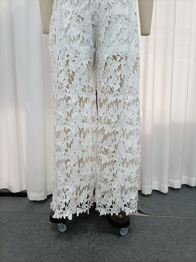 TWOTWINSTYLE Round Neck Short Sleeves Top Lace Wide Leg Pants Fashion Set