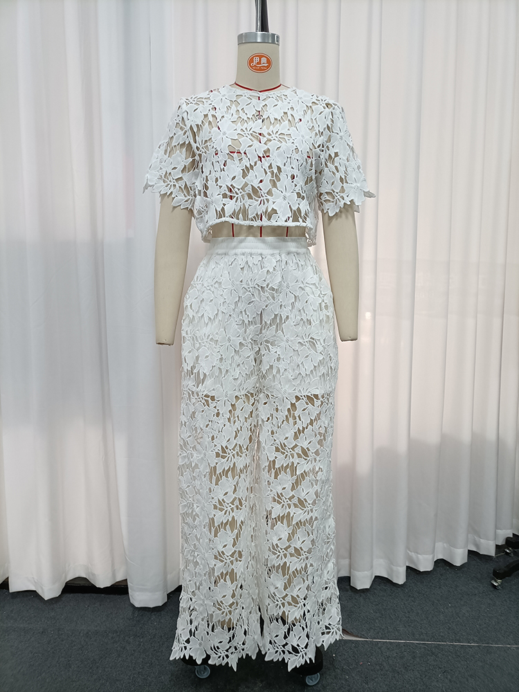 TWOTWINSTYLE Round Neck Short Sleeves Top Lace Wide Leg Pants Fashion Set