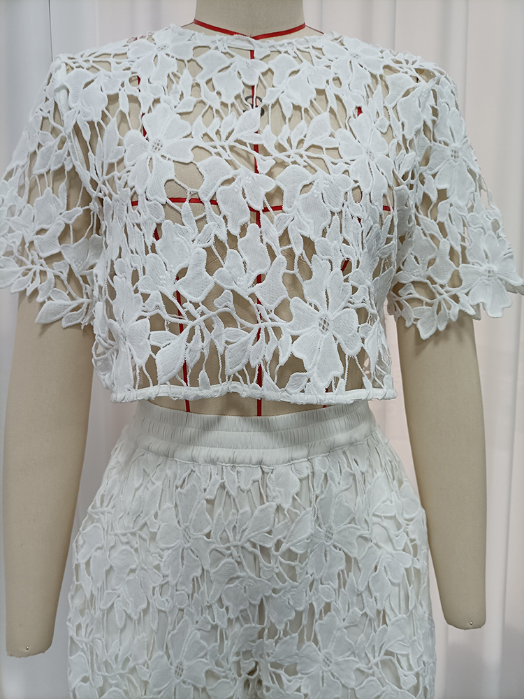 TWOTWINSTYLE Round Neck Short Sleeves Top Lace Wide Leg Pants Fashion Set