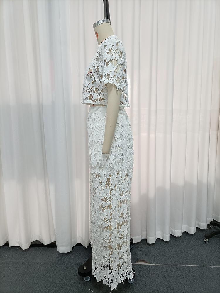 TWOTWINSTYLE Round Neck Short Sleeves Top Lace Wide Leg Pants Fashion Set