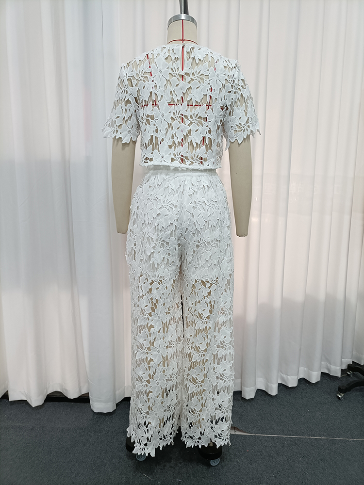 TWOTWINSTYLE Round Neck Short Sleeves Top Lace Wide Leg Pants Fashion Set