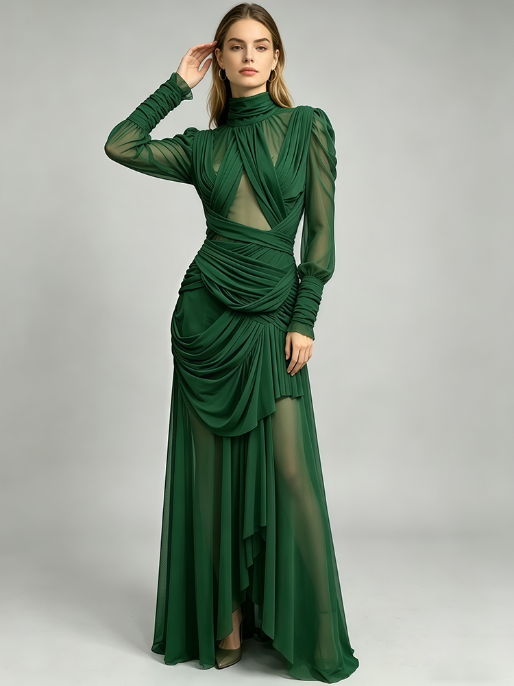 TWOTWINSTYLE Turtleneck Long Sleeves Pleated Spliced Mesh Elegant Maxi Dress