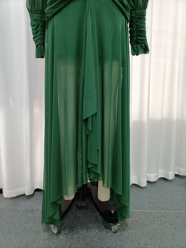 TWOTWINSTYLE Turtleneck Long Sleeves Pleated Spliced Mesh Elegant Maxi Dress