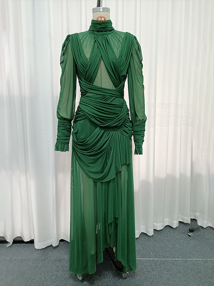 TWOTWINSTYLE Turtleneck Long Sleeves Pleated Spliced Mesh Elegant Maxi Dress