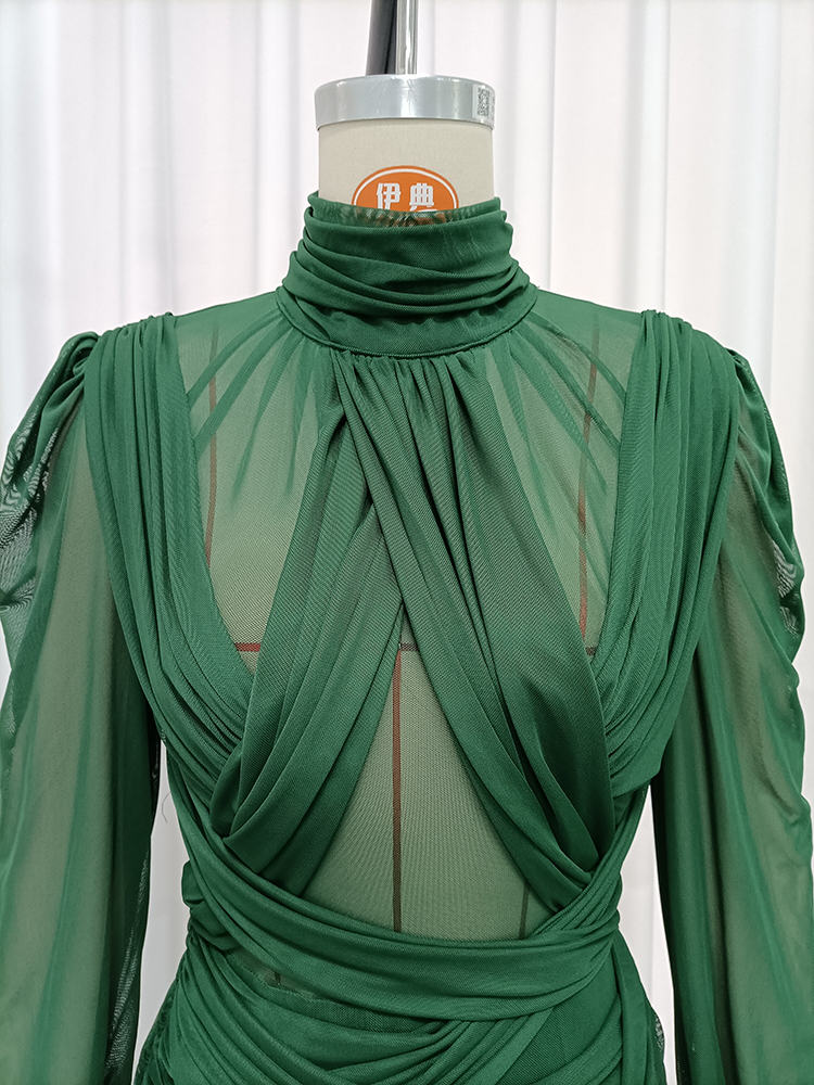 TWOTWINSTYLE Turtleneck Long Sleeves Pleated Spliced Mesh Elegant Maxi Dress