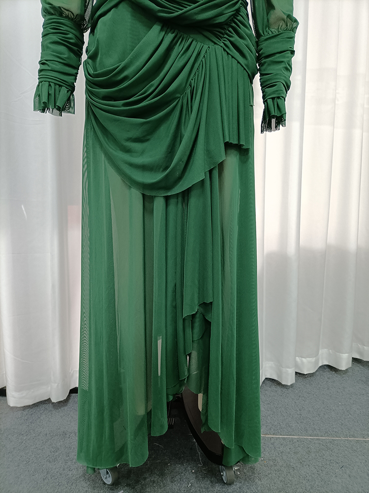 TWOTWINSTYLE Turtleneck Long Sleeves Pleated Spliced Mesh Elegant Maxi Dress