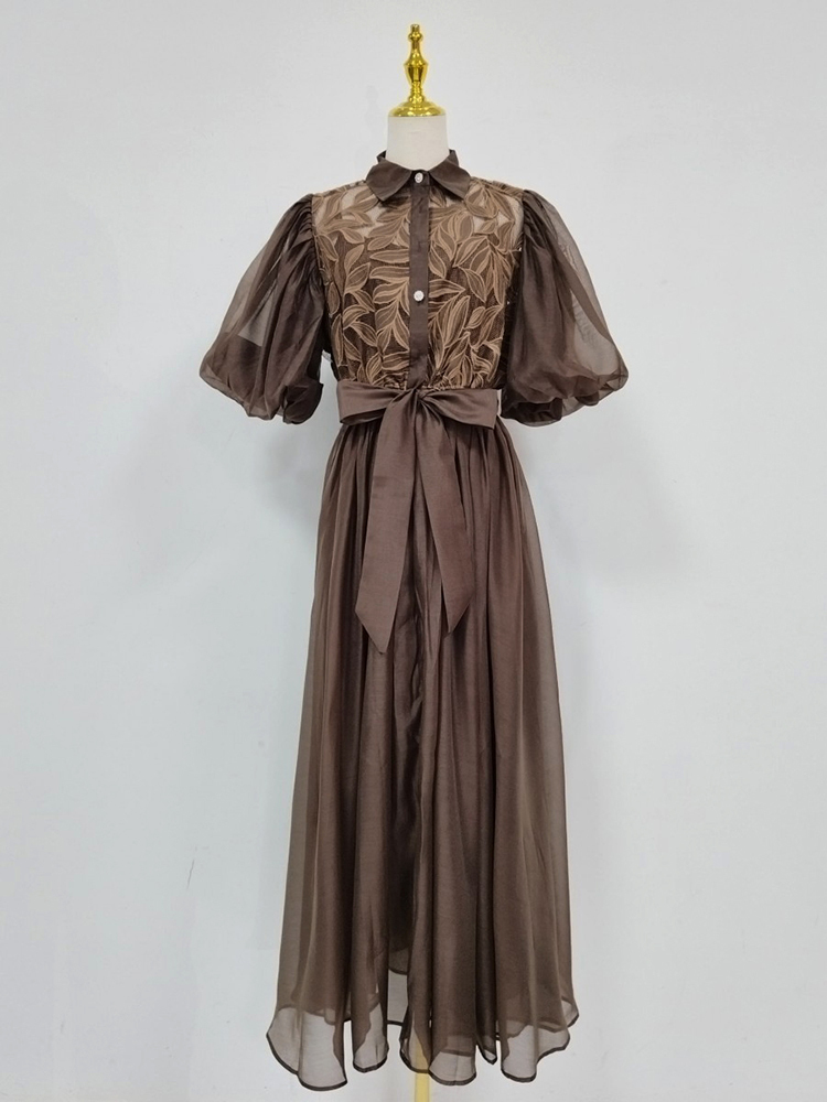 TWOTWINSTYLE Solid Lapel Puff Sleeve High Waist Chic Dress